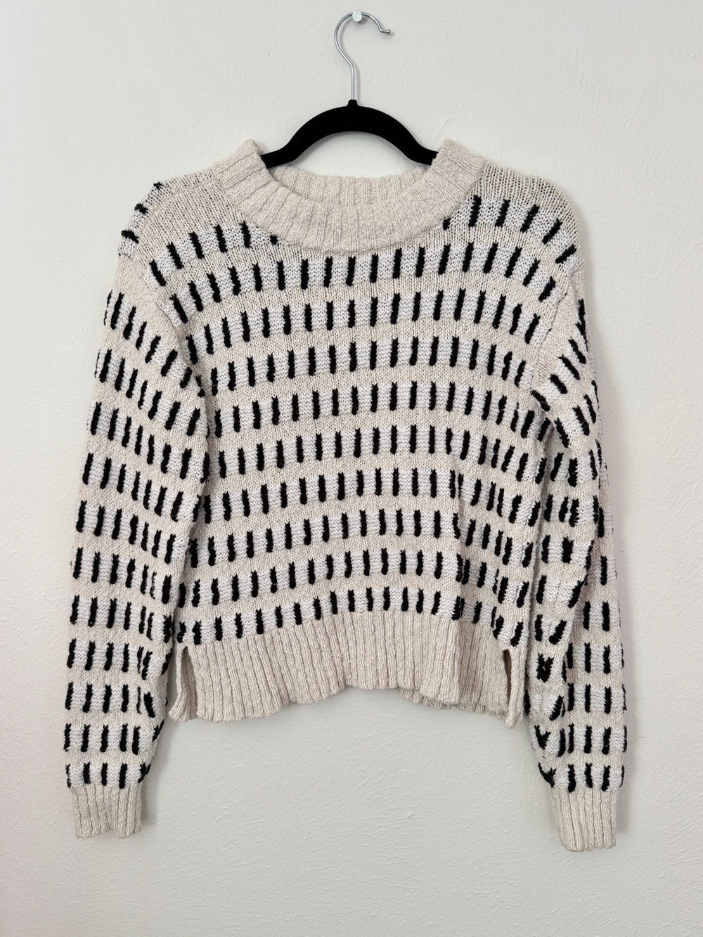 Lou & Grey Cream and Black Line Striped Grid-Pattern Crewneck Sweater Size XS